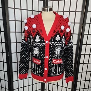 Coca Cola Its The Real Thing Red, Black & White Bottle Knit Polar Bear Cardigan